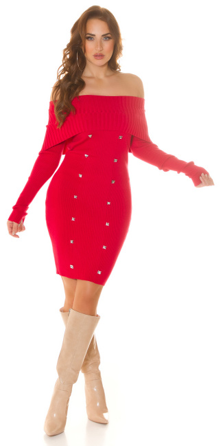 off-shoulder Knit Dress with Studs Red